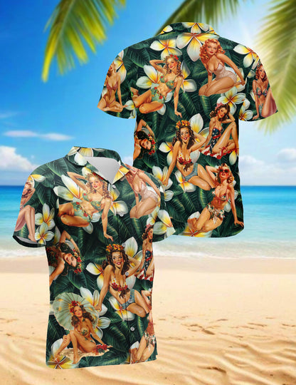 Netecom Pin Up Girl Dark Green Hawaiian Shirt for Men, Button Down Summer Beach Short Sleeve, Tropical Style, Sizes S-5XL