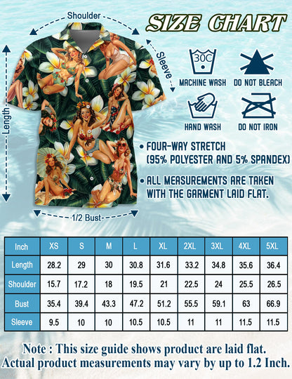 Netecom Pin Up Girl Dark Green Hawaiian Shirt for Men, Button Down Summer Beach Short Sleeve, Tropical Style, Sizes S-5XL