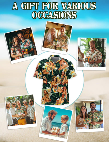 Netecom Pin Up Girl Dark Green Hawaiian Shirt for Men, Button Down Summer Beach Short Sleeve, Tropical Style, Sizes S-5XL