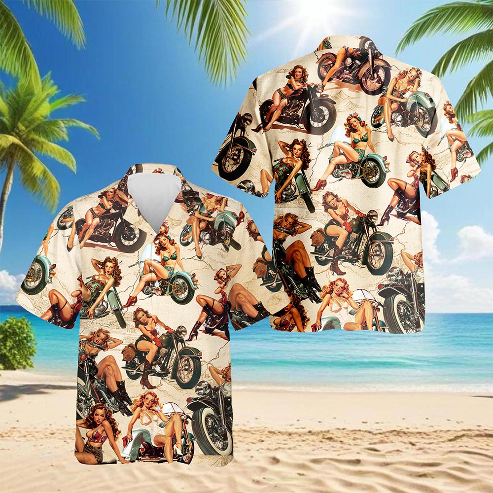 Netecom Pin Up Girls On Motorcycles Hawaiian Shirt for Men Women, Vintage Summer Button Down Aloha Summer Beach Shirts, S-5XL