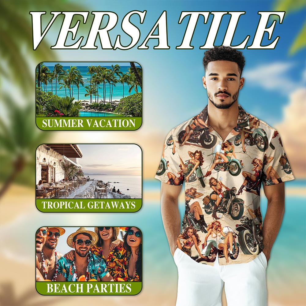 Netecom Pin Up Girls On Motorcycles Hawaiian Shirt for Men Women, Vintage Summer Button Down Aloha Summer Beach Shirts, S-5XL