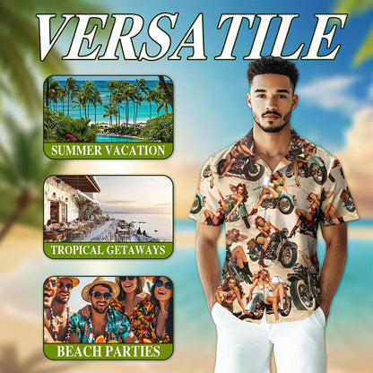 Netecom Pin Up Girls On Motorcycles Hawaiian Shirt for Men Women, Vintage Summer Button Down Aloha Summer Beach Shirts, S-5XL