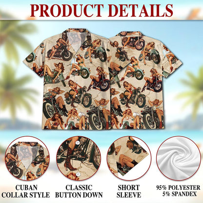 Netecom Pin Up Girls On Motorcycles Hawaiian Shirt for Men Women, Vintage Summer Button Down Aloha Summer Beach Shirts, S-5XL