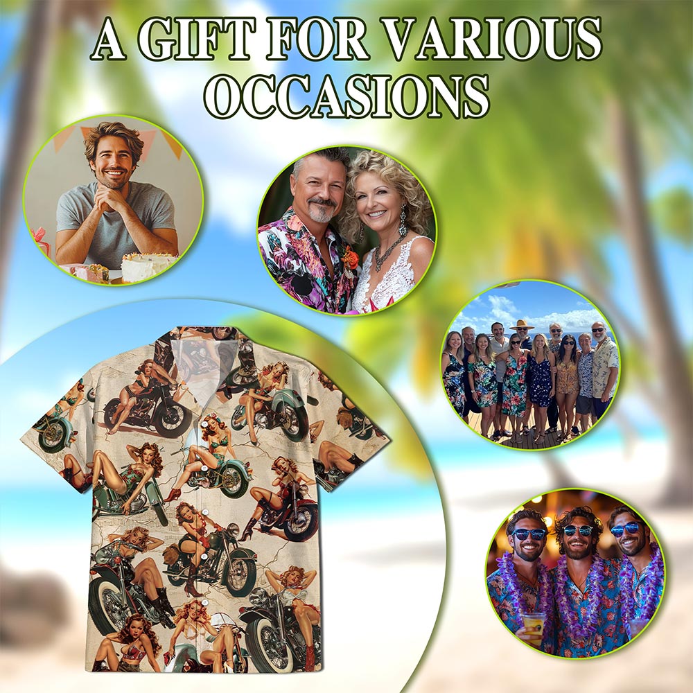 Netecom Pin Up Girls On Motorcycles Hawaiian Shirt for Men Women, Vintage Summer Button Down Aloha Summer Beach Shirts, S-5XL