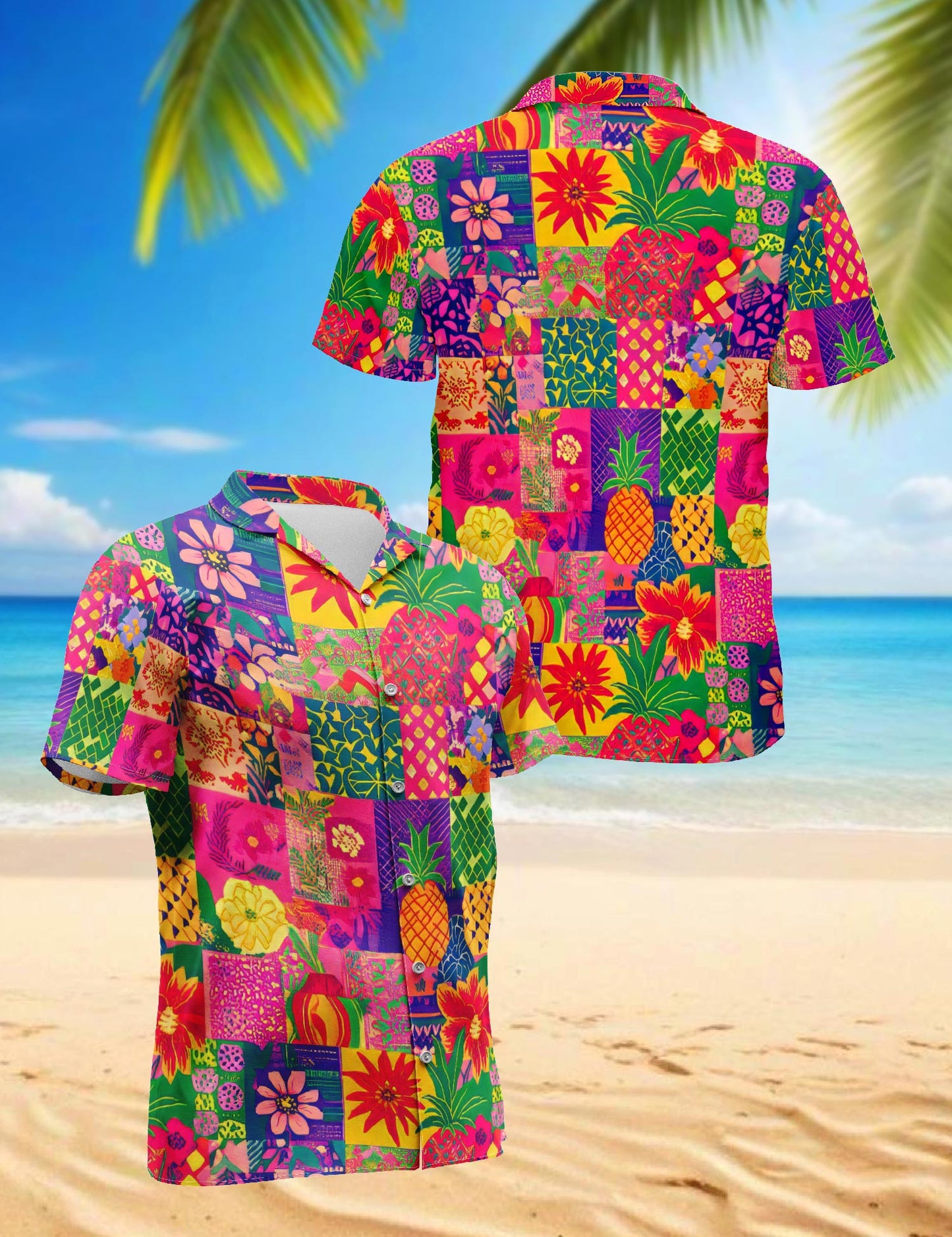 Netecom Pineapple Hawaiian Shirt for Men, Patchwork Aloha Style, Button Down Summer Beach Short Sleeve, S-5XL