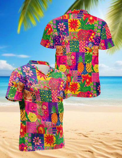 Netecom Pineapple Hawaiian Shirt for Men, Patchwork Aloha Style, Button Down Summer Beach Short Sleeve, S-5XL