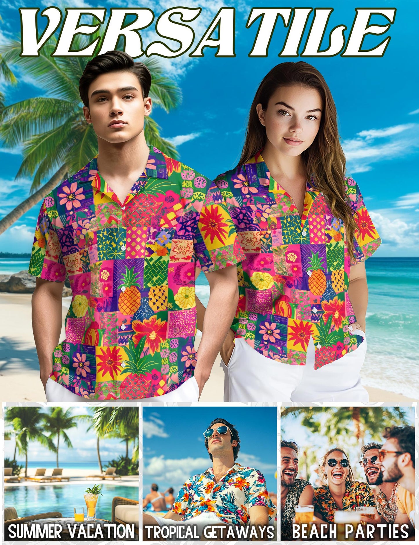 Netecom Pineapple Hawaiian Shirt for Men, Patchwork Aloha Style, Button Down Summer Beach Short Sleeve, S-5XL