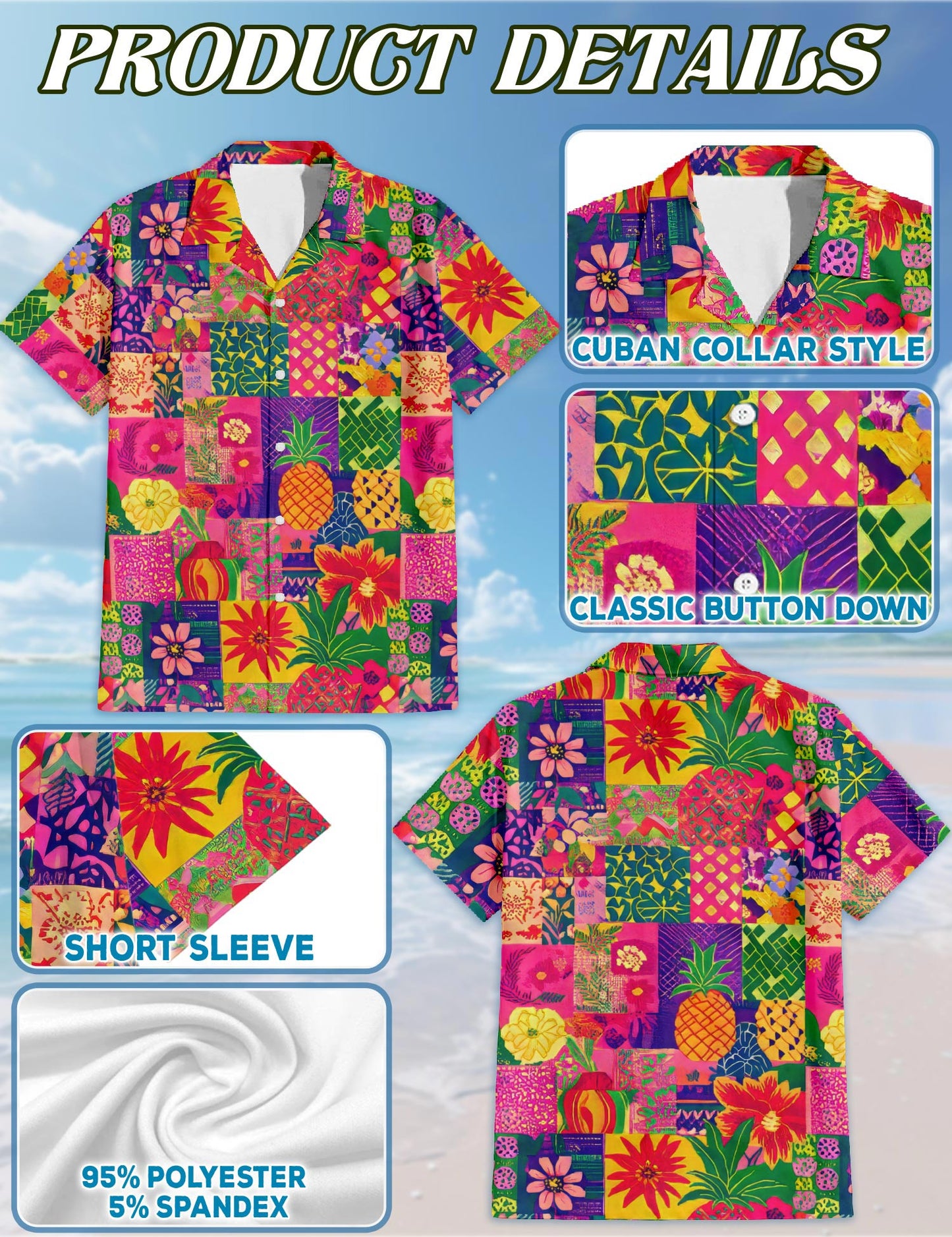 Netecom Pineapple Hawaiian Shirt for Men, Patchwork Aloha Style, Button Down Summer Beach Short Sleeve, S-5XL