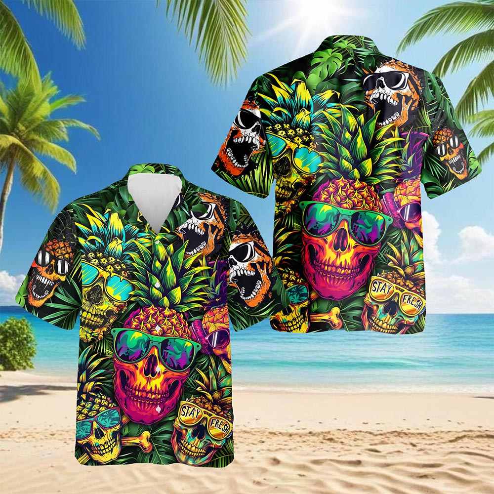 Netecom Pineapple Skull Hawaiian Shirt for Men Women, Tropical Button Down Summer Aloha Beach Short Sleeve Shirts, S-5XL