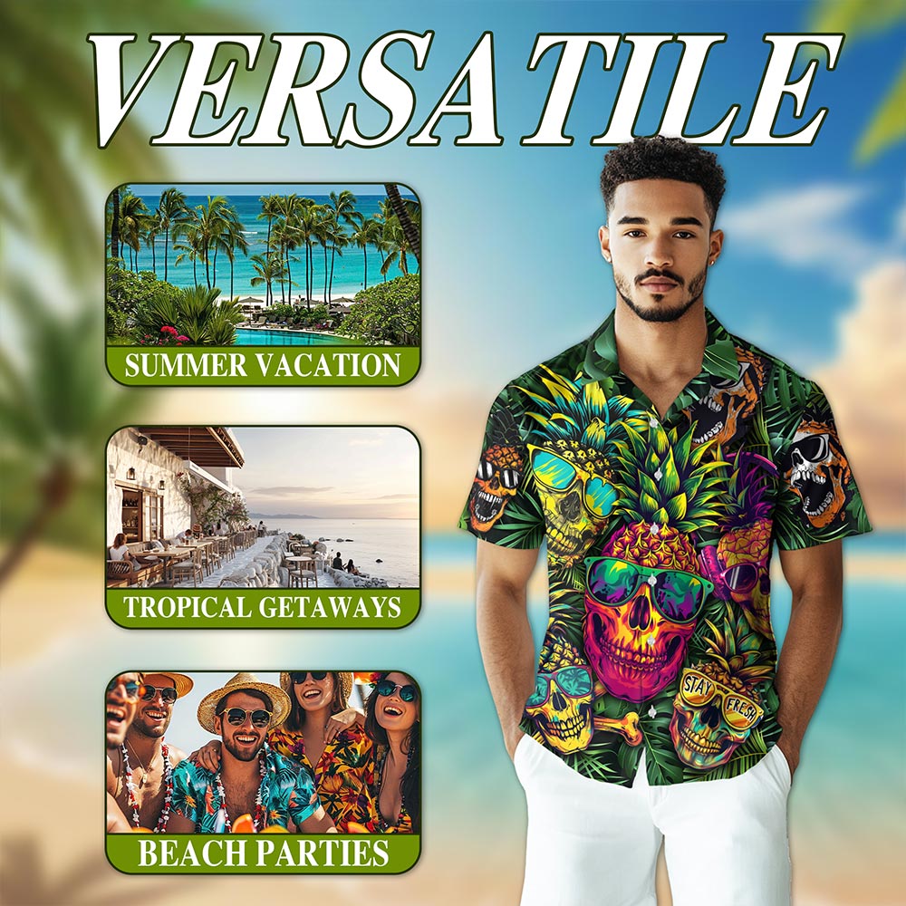 Netecom Pineapple Skull Hawaiian Shirt for Men Women, Tropical Button Down Summer Aloha Beach Short Sleeve Shirts, S-5XL