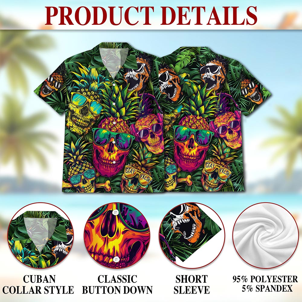 Netecom Pineapple Skull Hawaiian Shirt for Men Women, Tropical Button Down Summer Aloha Beach Short Sleeve Shirts, S-5XL