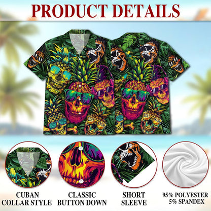 Netecom Pineapple Skull Hawaiian Shirt for Men Women, Tropical Button Down Summer Aloha Beach Short Sleeve Shirts, S-5XL