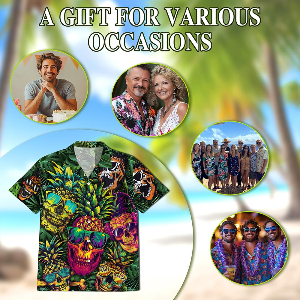 Netecom Pineapple Skull Hawaiian Shirt for Men Women, Tropical Button Down Summer Aloha Beach Short Sleeve Shirts, S-5XL