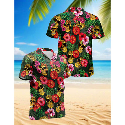 Netecom Pineapple Skull Hibiscus Hawaiian Shirt for Men, Button Down Summer Beach Short Sleeve, Tropical Style, Sizes S-5XL