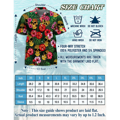 Netecom Pineapple Skull Hibiscus Hawaiian Shirt for Men, Button Down Summer Beach Short Sleeve, Tropical Style, Sizes S-5XL