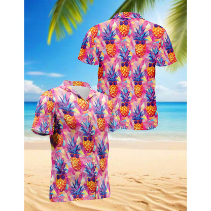 Netecom Pineapple Wear Sunglasses Hawaiian Shirt for Men, Button Down Summer Beach Short Sleeve, Tropical Style, Sizes S-5XL