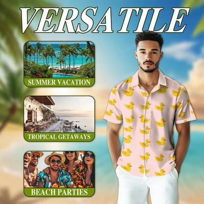 Netecom Pink Duck Hawaiian Shirt for Men, Vintage Style, Button Down Summer Beach Short Sleeve, S-5XL