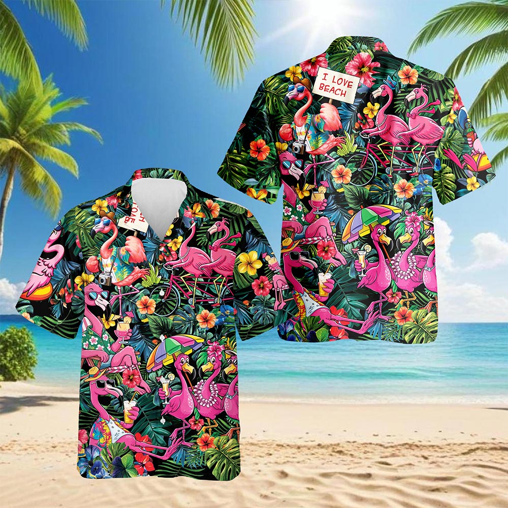 Netecom Pink Flamingo Hawaiian Shirt for Men Women, Flamingo Lover Gifts, Tropical Button Down Summer Beach Shirts, S-5XL