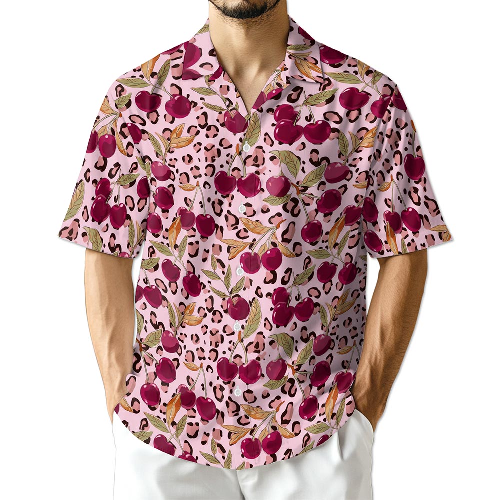 Netecom Pink Leopard Cherry Hawaiian Shirt for Men