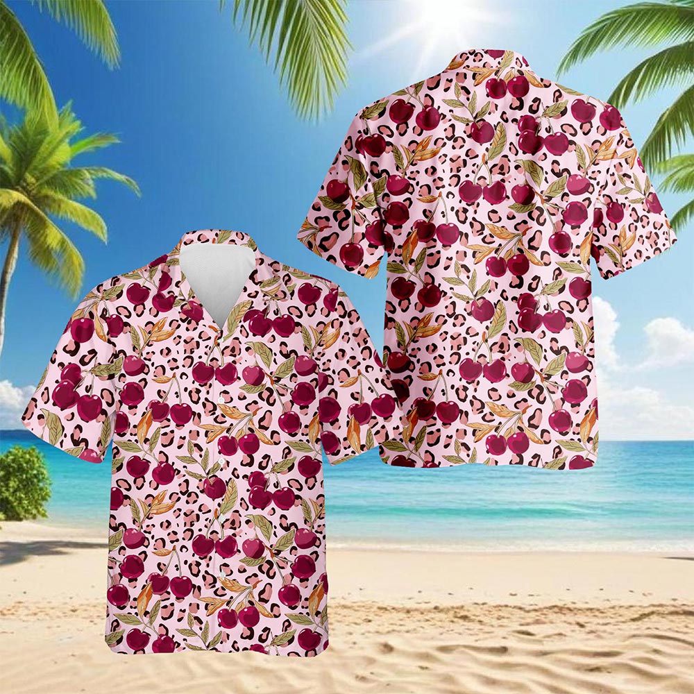 Netecom Pink Leopard Cherry Hawaiian Shirt for Men, Fruit Lover Gifts, Button Down Summer Beach Short Sleeve, S-5XL
