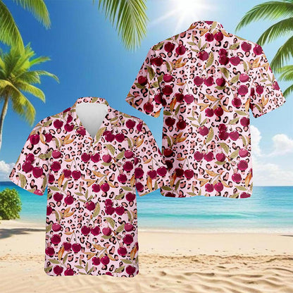 Netecom Pink Leopard Cherry Hawaiian Shirt for Men, Fruit Lover Gifts, Button Down Summer Beach Short Sleeve, S-5XL