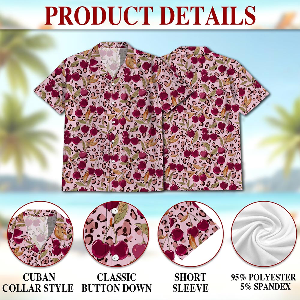 Netecom Pink Leopard Cherry Hawaiian Shirt for Men, Fruit Lover Gifts, Button Down Summer Beach Short Sleeve, S-5XL