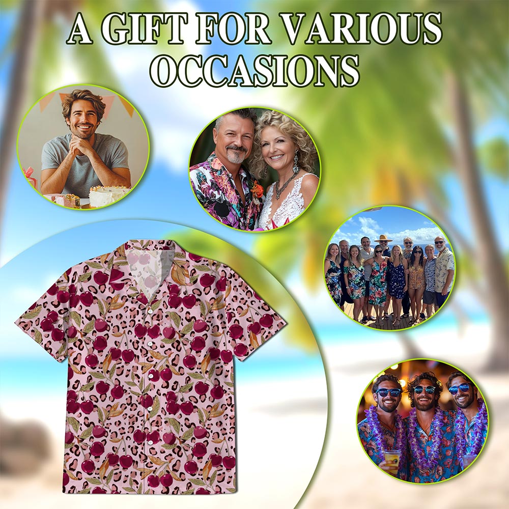 Netecom Pink Leopard Cherry Hawaiian Shirt for Men, Fruit Lover Gifts, Button Down Summer Beach Short Sleeve, S-5XL