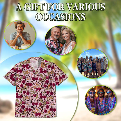 Netecom Pink Leopard Cherry Hawaiian Shirt for Men, Fruit Lover Gifts, Button Down Summer Beach Short Sleeve, S-5XL