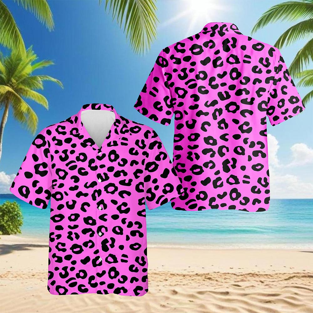Netecom Pink Leopard Hawaiian Shirt for Men, Vintage Style, Button Down Summer Beach Short Sleeve, S-5XL