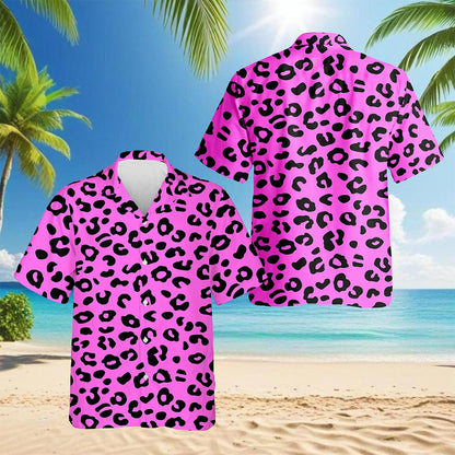 Netecom Pink Leopard Hawaiian Shirt for Men, Vintage Style, Button Down Summer Beach Short Sleeve, S-5XL