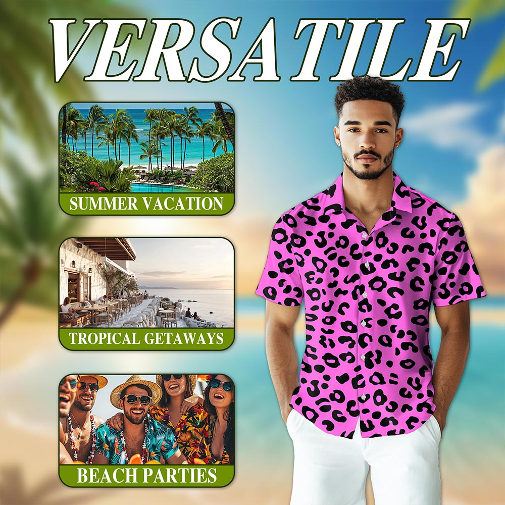Netecom Pink Leopard Hawaiian Shirt for Men, Vintage Style, Button Down Summer Beach Short Sleeve, S-5XL