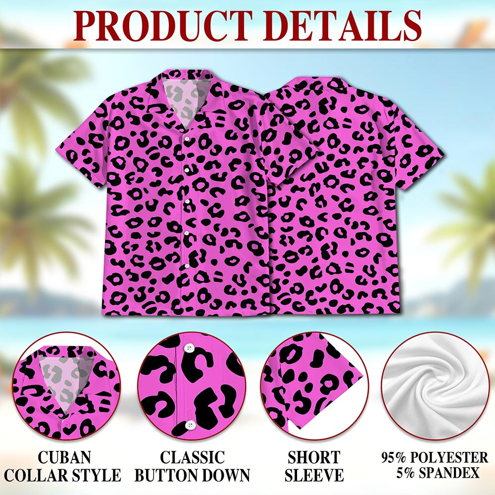 Netecom Pink Leopard Hawaiian Shirt for Men, Vintage Style, Button Down Summer Beach Short Sleeve, S-5XL