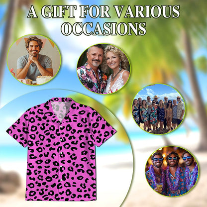 Netecom Pink Leopard Hawaiian Shirt for Men, Vintage Style, Button Down Summer Beach Short Sleeve, S-5XL