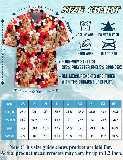 Netecom Pinup Girls Hawaiian Shirt for Men, Tropical Style, Button Down Summer Beach Short Sleeve, S-5XL