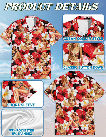 Netecom Pinup Girls Hawaiian Shirt for Men, Tropical Style, Button Down Summer Beach Short Sleeve, S-5XL