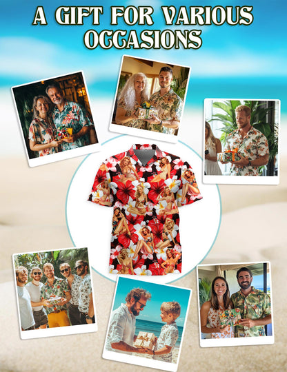 Netecom Pinup Girls Hawaiian Shirt for Men, Tropical Style, Button Down Summer Beach Short Sleeve, S-5XL