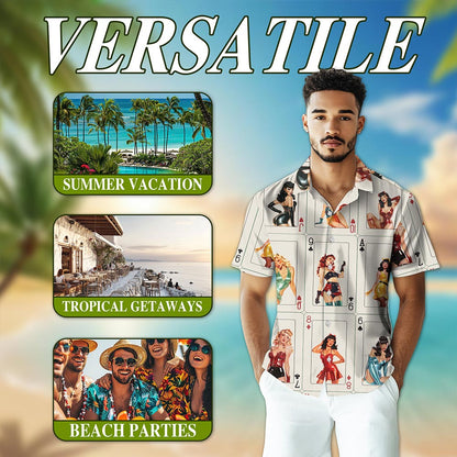 Netecom Pinup Girls Playing Card Hawaiian Shirt for Men Women, Retro Pretty Girls Button Down Summer Beach Shirts, S-5XL