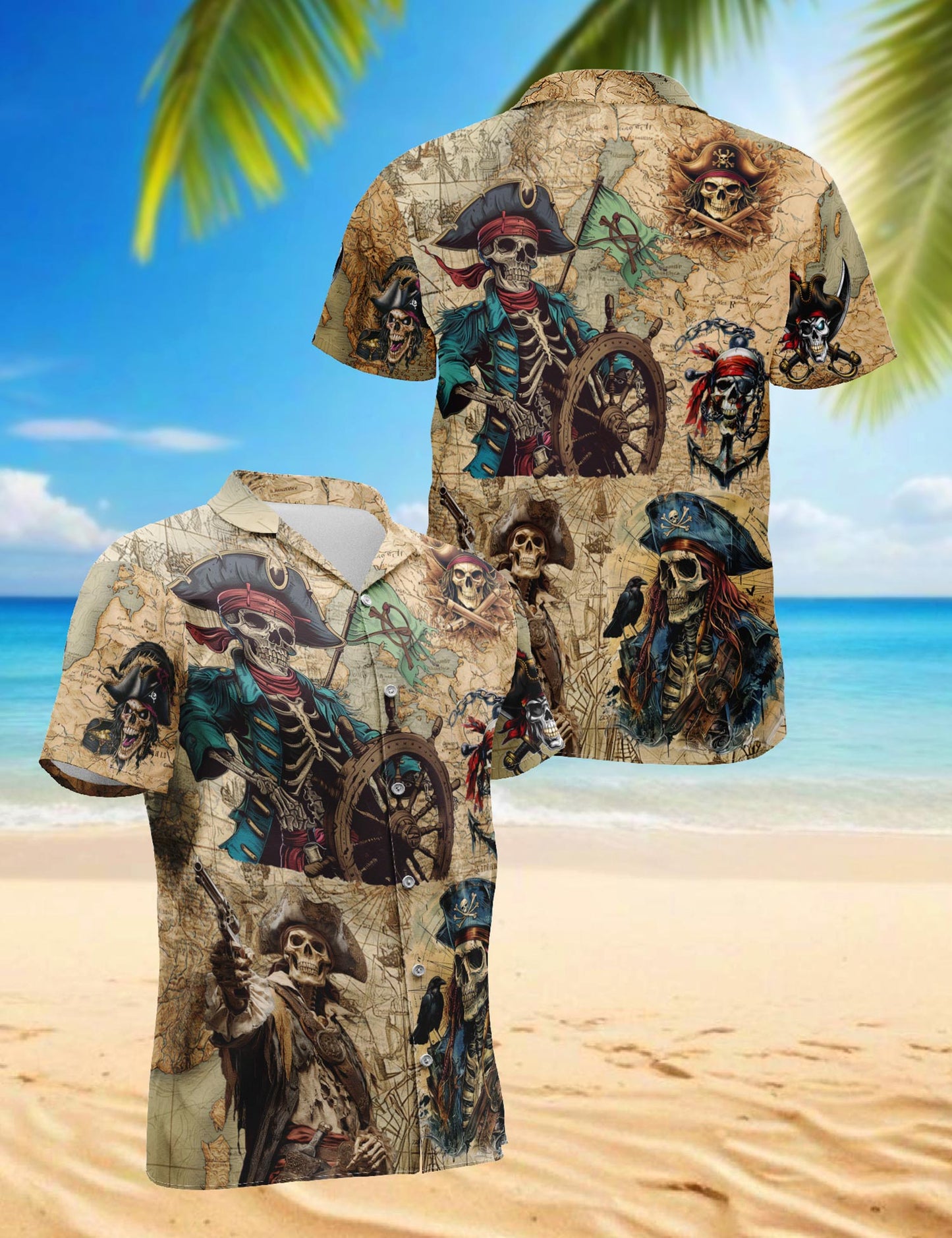 Netecom Pirate Captain Skull Hawaiian Shirt for Men Women, Vintage Button Down Summer Aloha Beach Short Sleeve Shirts, S-5XL