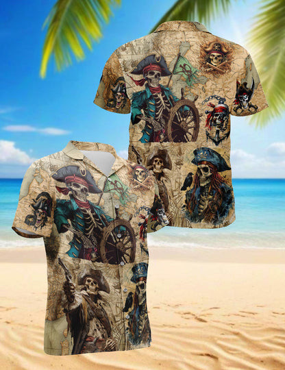 Netecom Pirate Captain Skull Hawaiian Shirt for Men Women, Vintage Button Down Summer Aloha Beach Short Sleeve Shirts, S-5XL