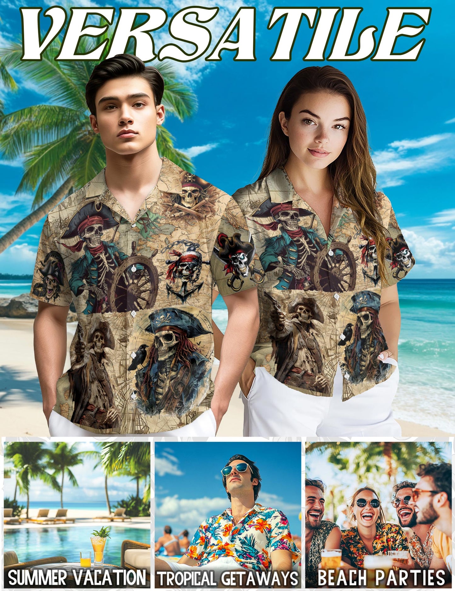 Netecom Pirate Captain Skull Hawaiian Shirt for Men Women, Vintage Button Down Summer Aloha Beach Short Sleeve Shirts, S-5XL