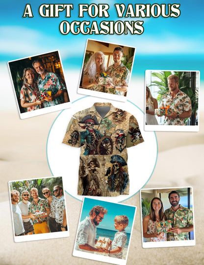 Netecom Pirate Captain Skull Hawaiian Shirt for Men Women, Vintage Button Down Summer Aloha Beach Short Sleeve Shirts, S-5XL