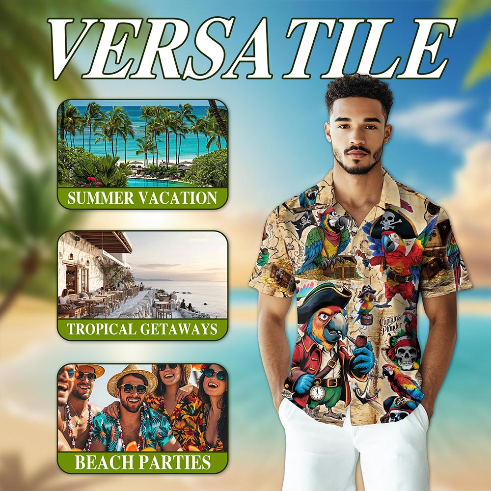 Netecom Pirate Parrot Hawaiian Shirt for Men, Bird Lover Gifts, Animal Button Down Summer Beach Short Sleeve Shirts, S-5XL