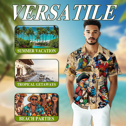 Netecom Pirate Parrot Hawaiian Shirt for Men, Bird Lover Gifts, Animal Button Down Summer Beach Short Sleeve Shirts, S-5XL