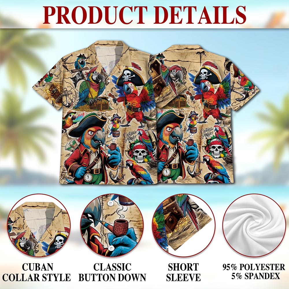 Netecom Pirate Parrot Hawaiian Shirt for Men, Bird Lover Gifts, Animal Button Down Summer Beach Short Sleeve Shirts, S-5XL
