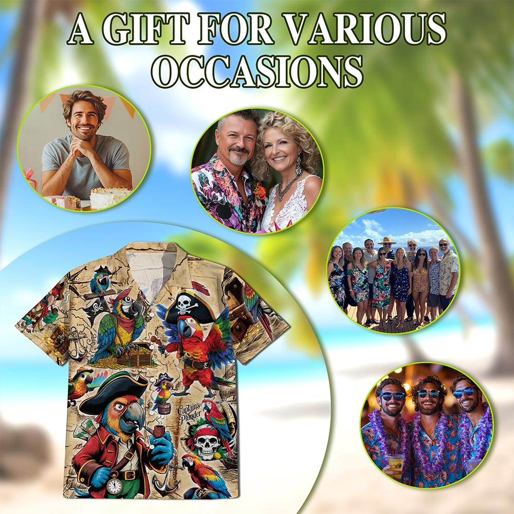 Netecom Pirate Parrot Hawaiian Shirt for Men, Bird Lover Gifts, Animal Button Down Summer Beach Short Sleeve Shirts, S-5XL