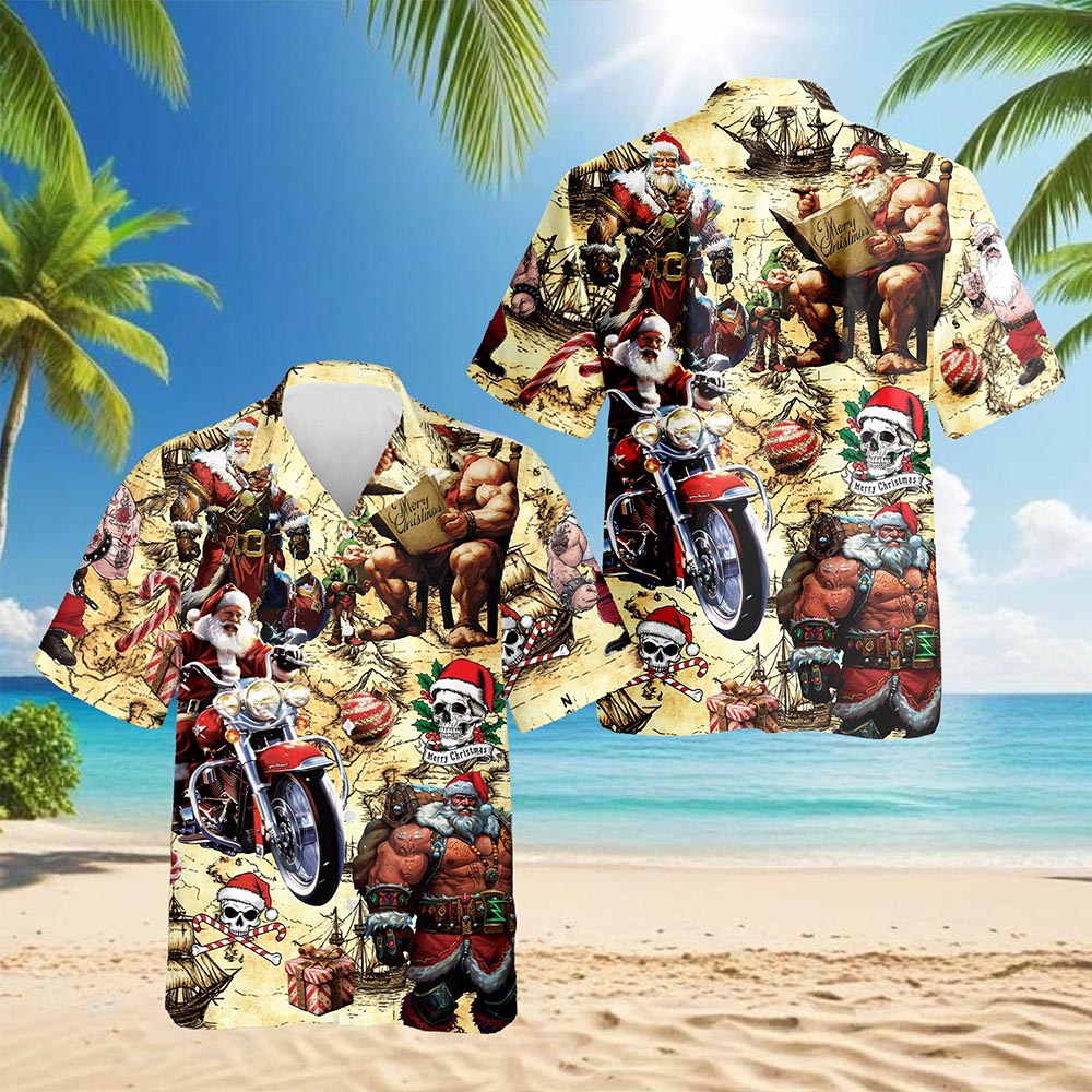 Netecom Pirate Santa Claus Hawaiian Shirt for Men, Funny Christmas Button Down Summer Aloha Beach Short Sleeve Shirts, S-5XL