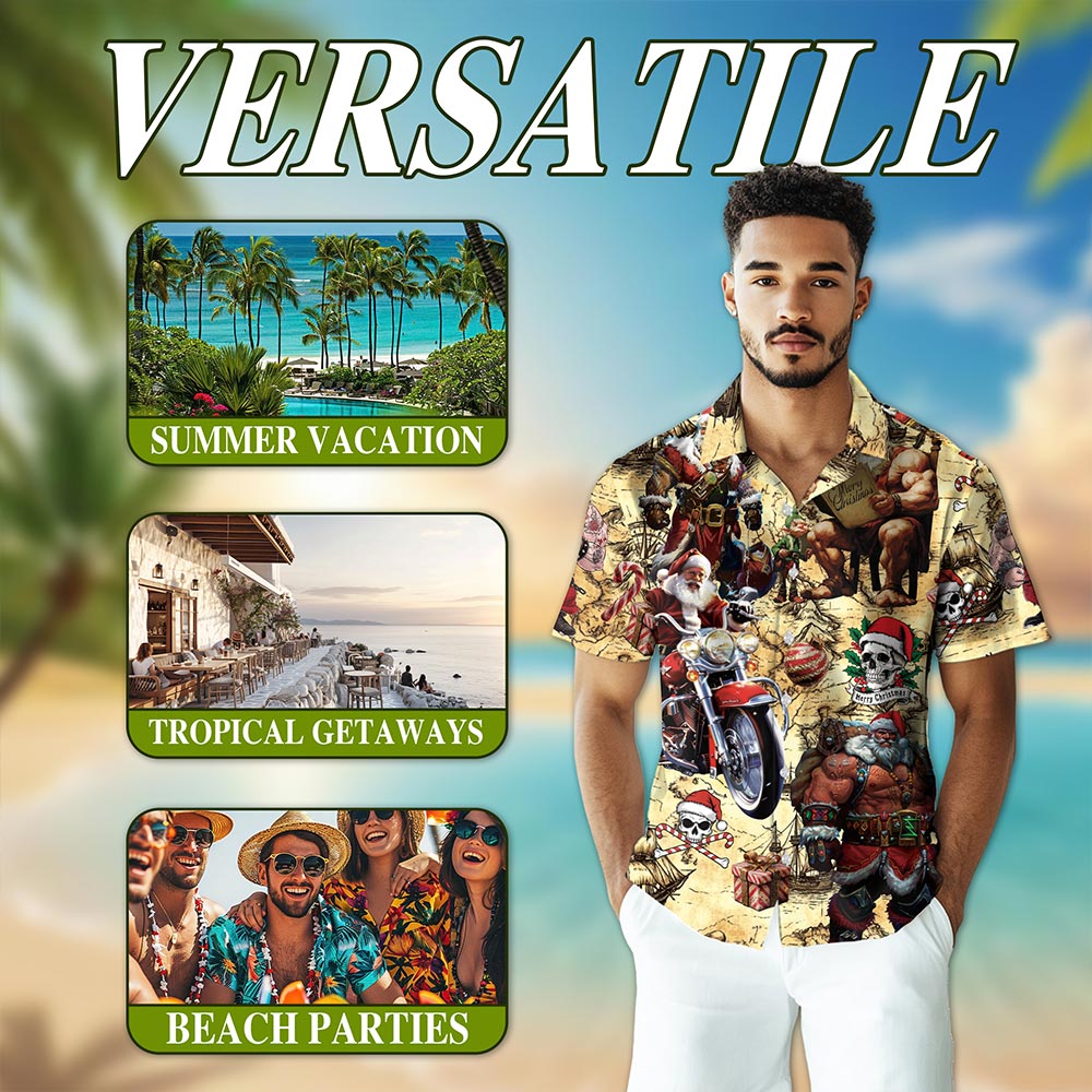 Netecom Pirate Santa Claus Hawaiian Shirt for Men, Funny Christmas Button Down Summer Aloha Beach Short Sleeve Shirts, S-5XL