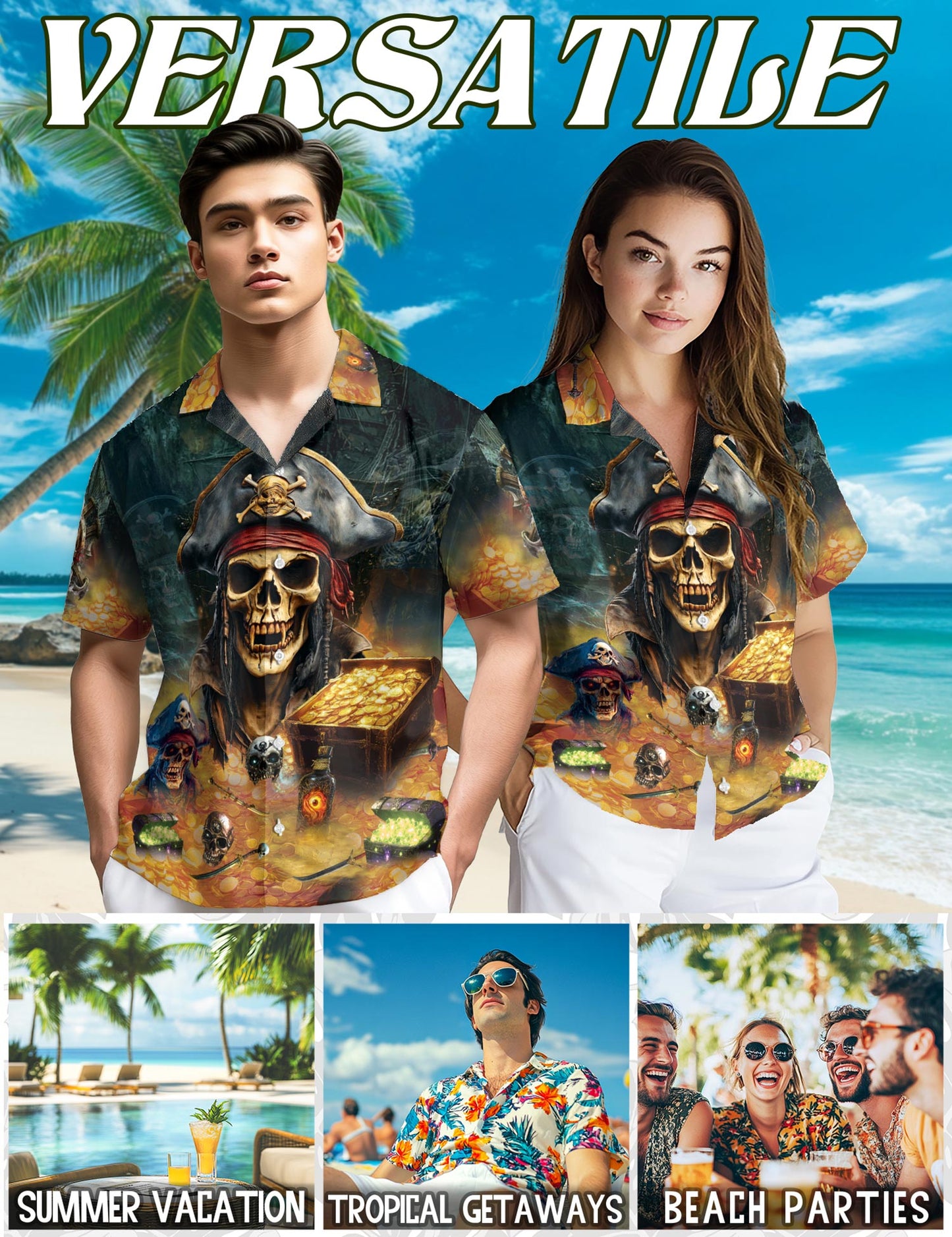 Netecom Pirate Skull Hawaiian Shirt for Men, Button Down Summer Beach Short Sleeve, S-5XL