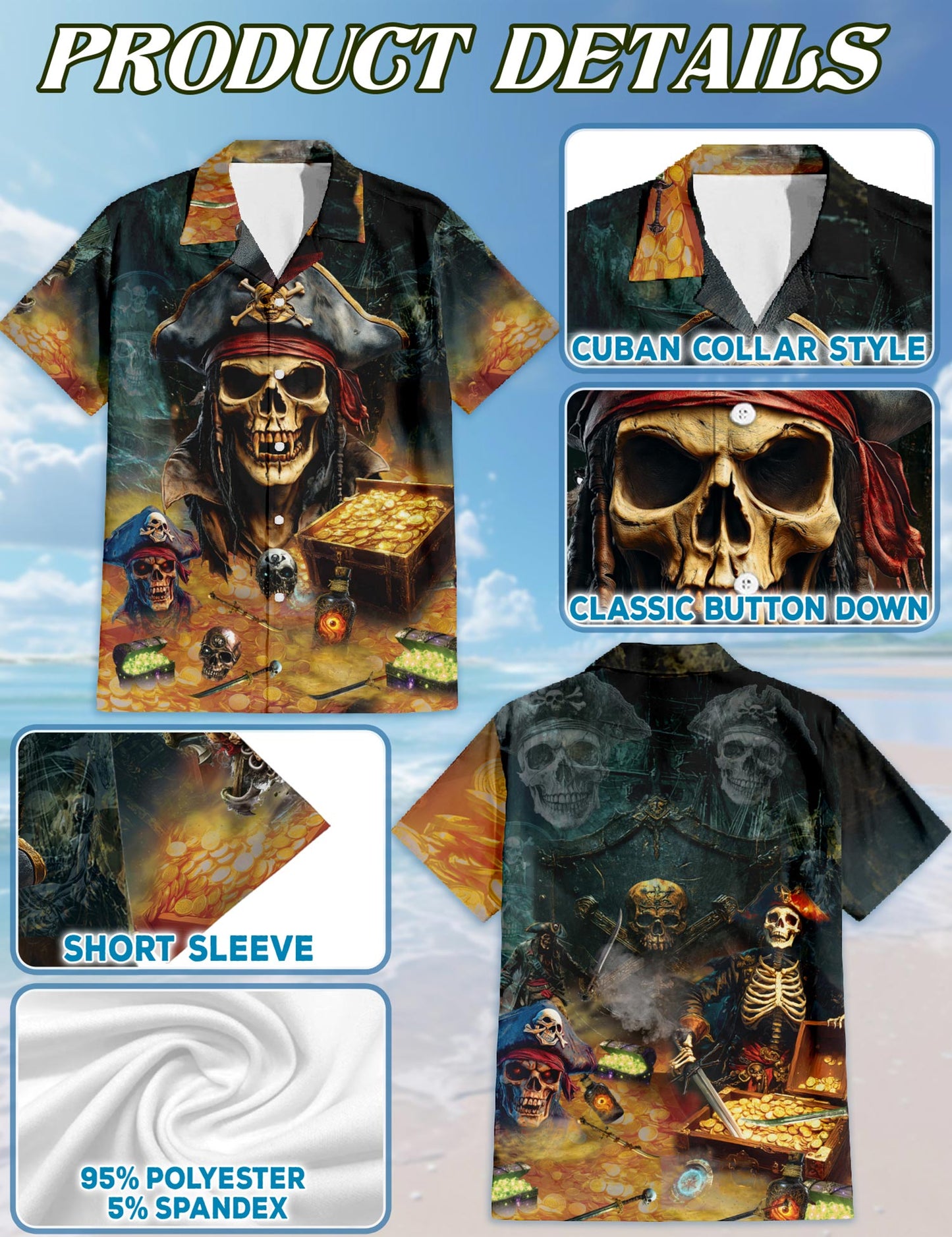 Netecom Pirate Skull Hawaiian Shirt for Men, Button Down Summer Beach Short Sleeve, S-5XL
