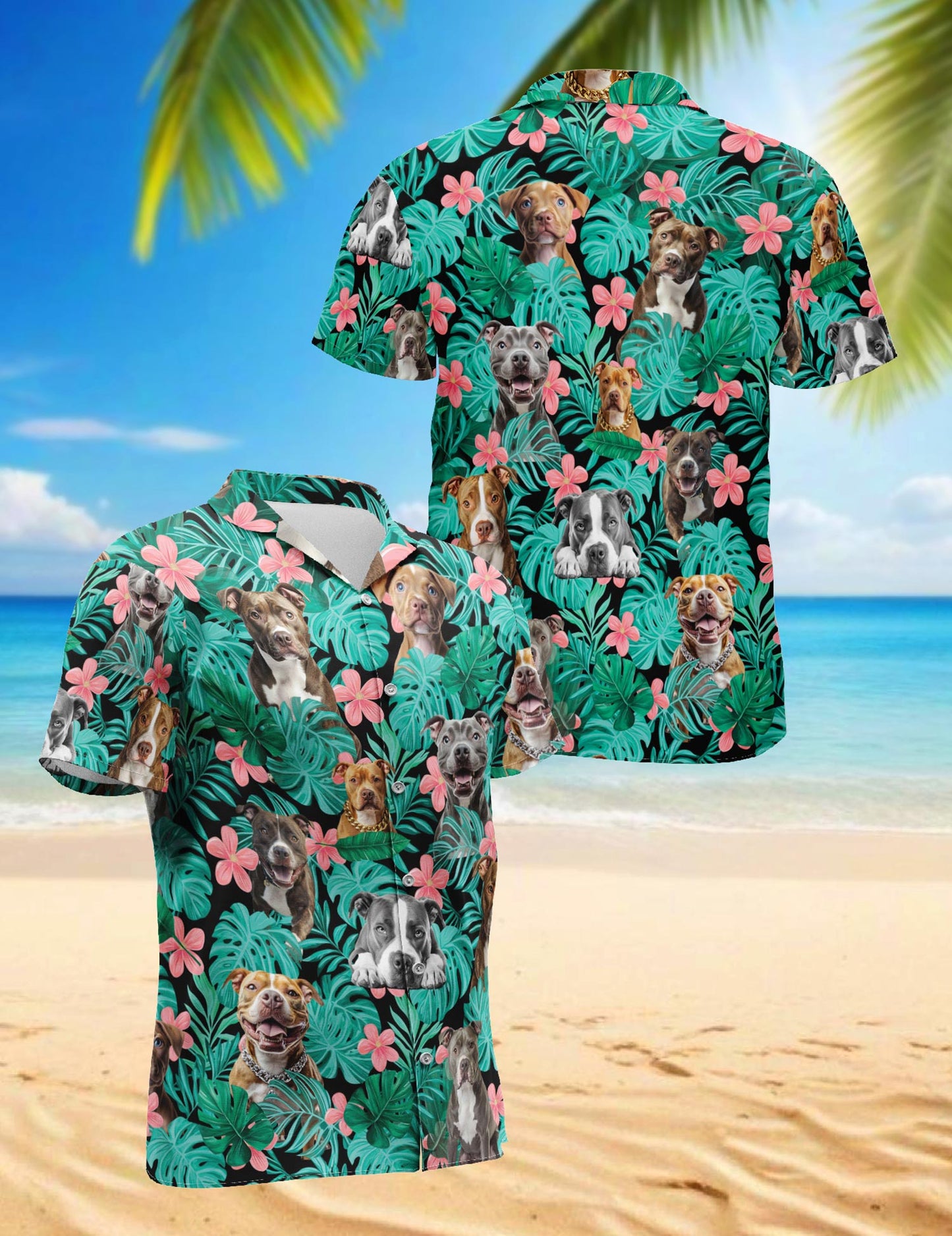 Netecom Pitbull Hibiscus Hawaiian Shirt for Men, Tropical Style, Button Down Summer Beach Short Sleeve, S-5XL